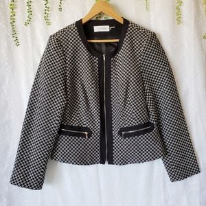 Calvin Klein Checkered Patterned Zip Up Woven Tweed Collarless Blazer Jacket